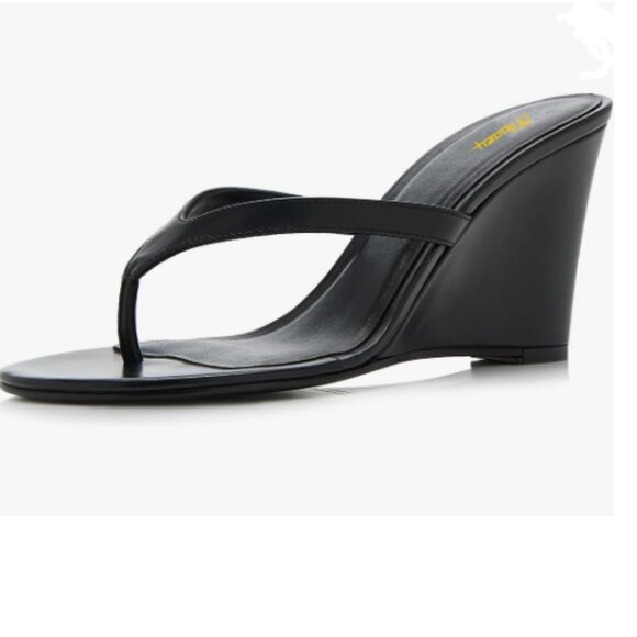 Milooey shoes Black Comfy Round Toe Flip Flops Wedge High Heels Slip On Sandals - Picture 1 of 8
